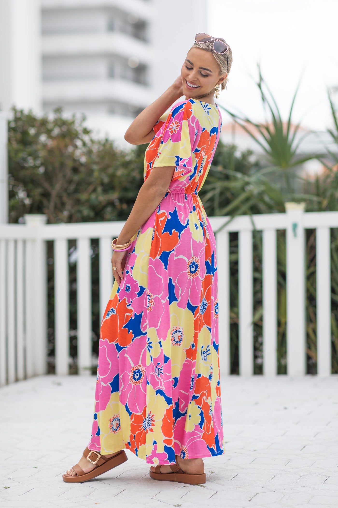 Pink Flower Print Boat Neck Maxi Dress