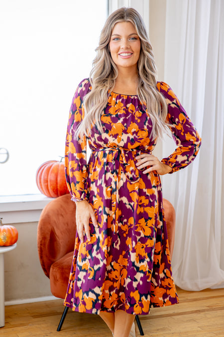 Berry and Orange Floral Print Midi Dress