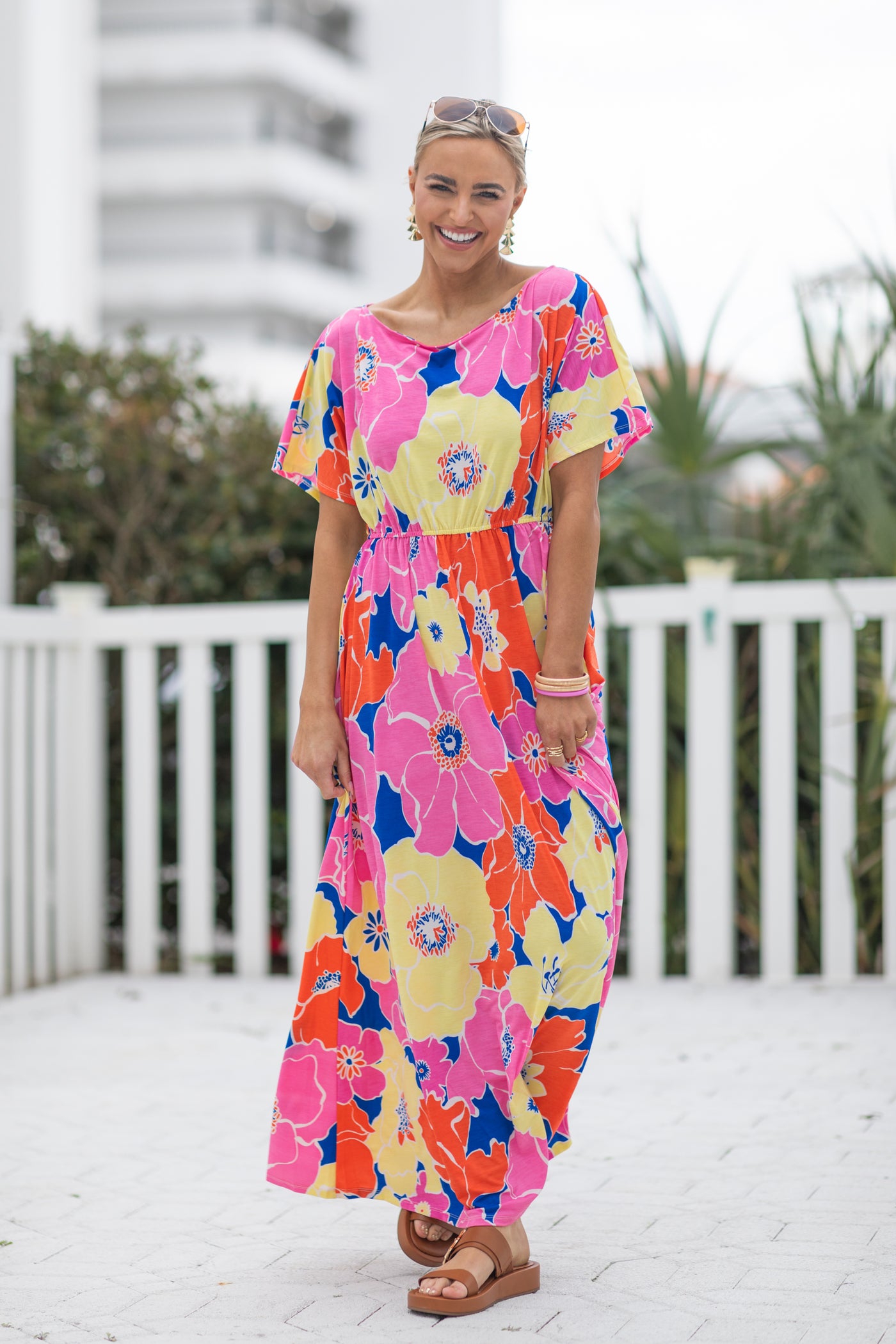 Pink Flower Print Boat Neck Maxi Dress