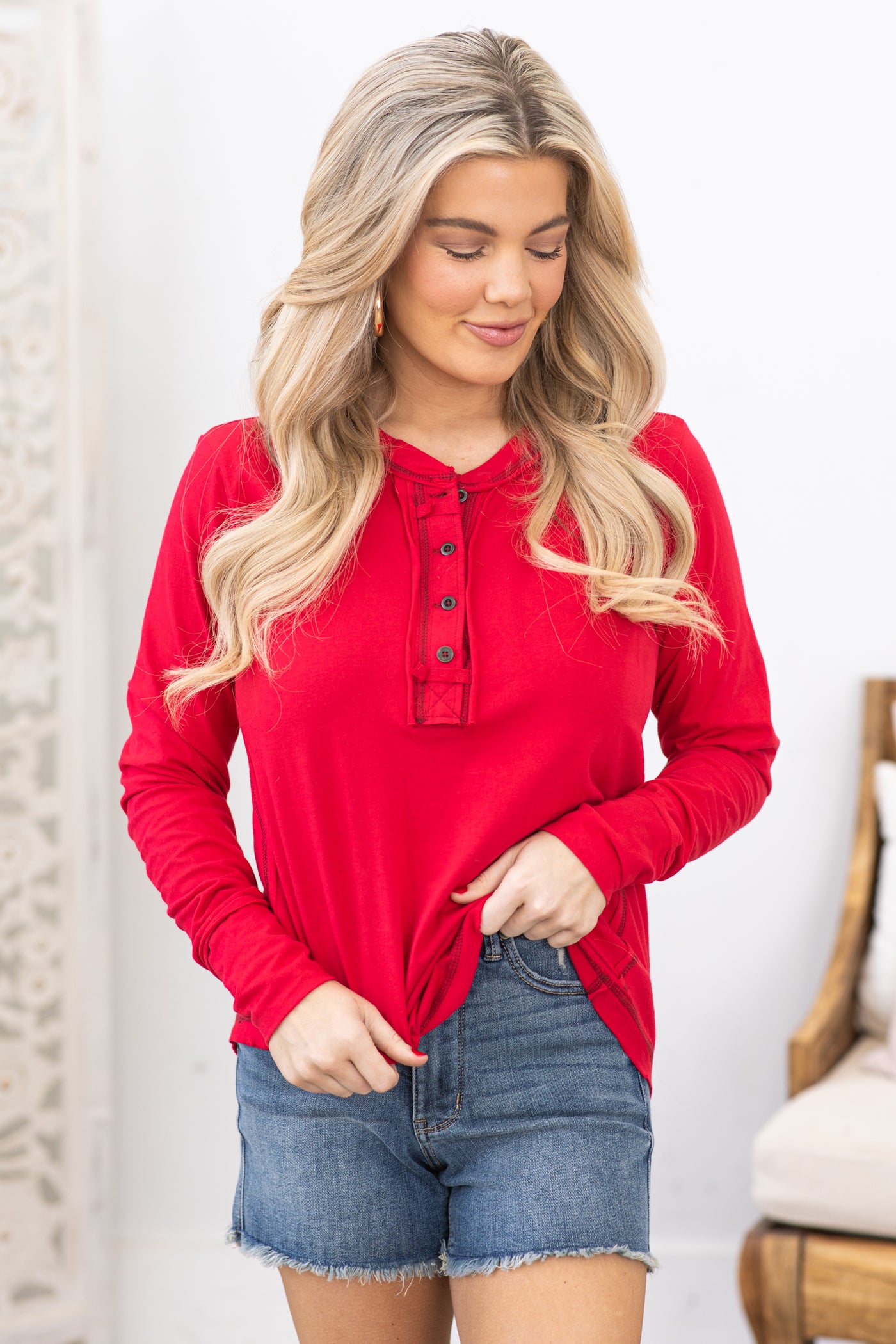 Red Contrast Stitch Henley Top