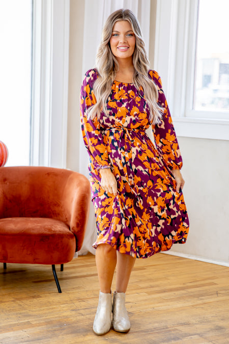 Berry and Orange Floral Print Midi Dress