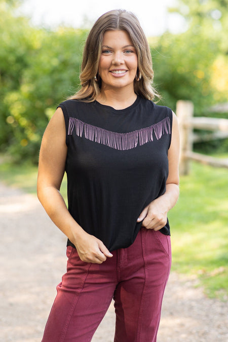 Black Sleeveless Top With Beaded Fringe - Filly Flair