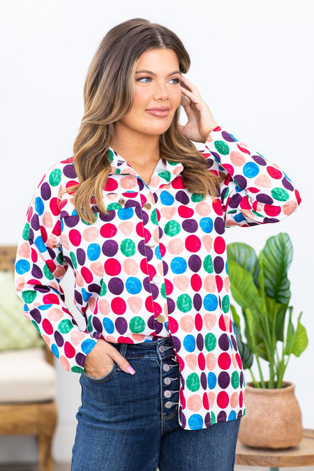 White Multicolor Polka Dot Roll Sleeve Top - Filly Flair