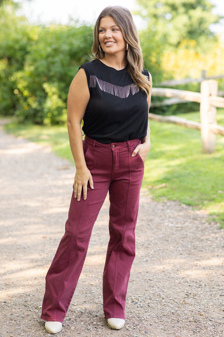 Black Sleeveless Top With Beaded Fringe - Filly Flair