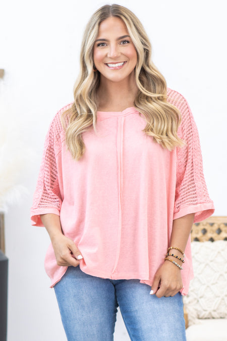 Coral Dolman Sleeve Crochet Detail Top