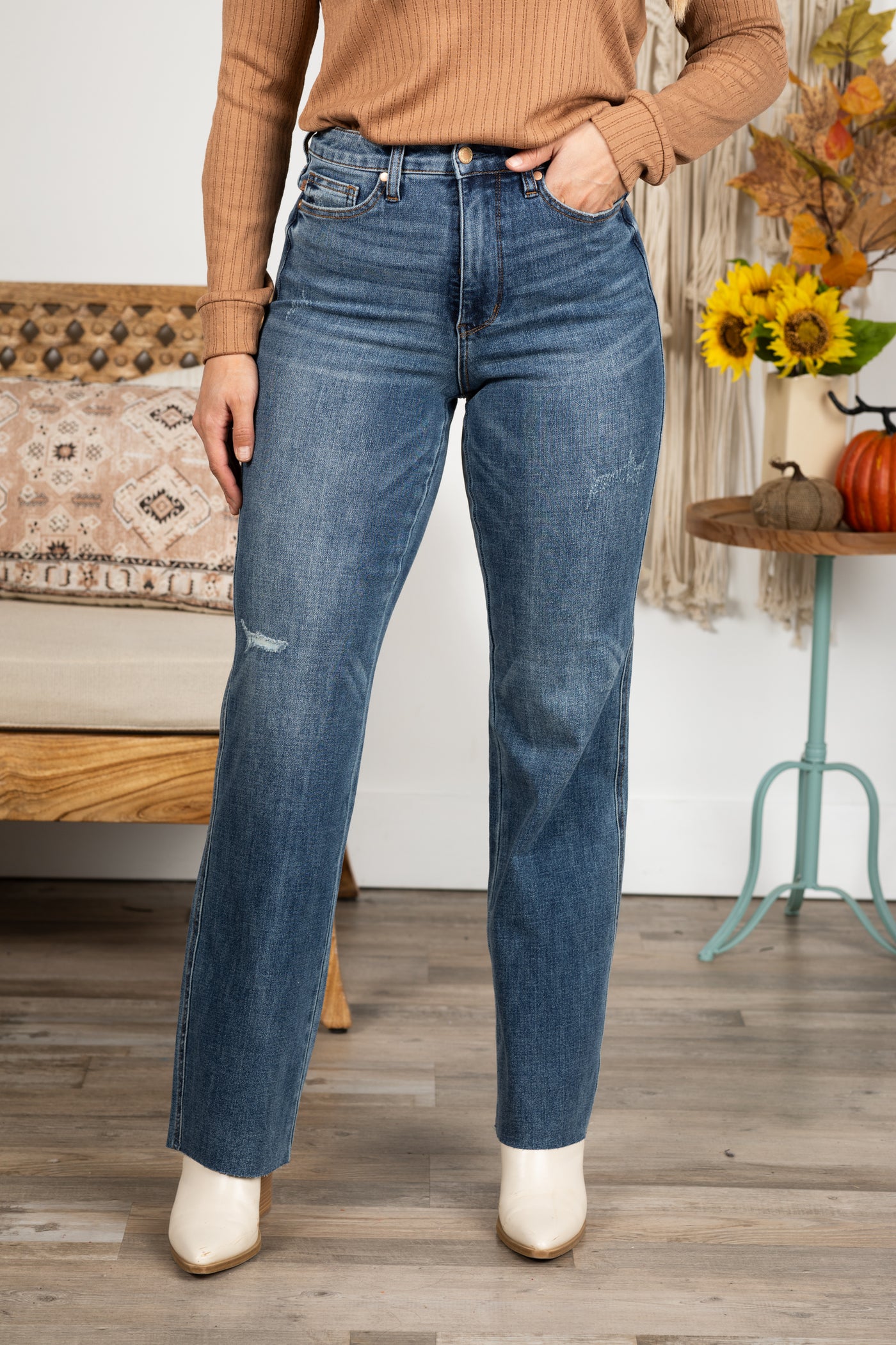 Judy Blue Tummy Control Raw Hem Straight Leg Jeans