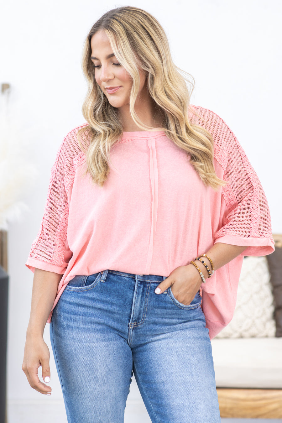 Coral Dolman Sleeve Crochet Detail Top