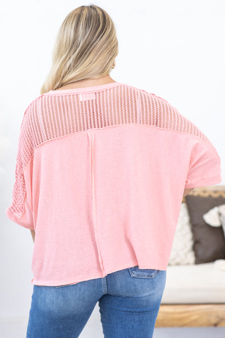 Coral Dolman Sleeve Crochet Detail Top