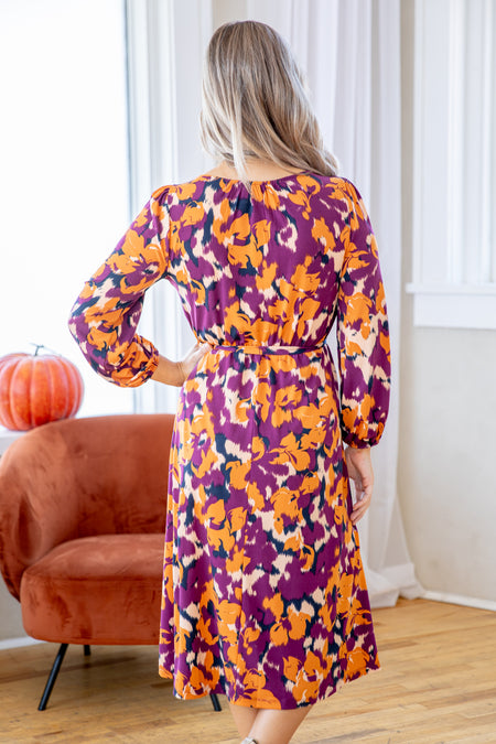 Berry and Orange Floral Print Midi Dress