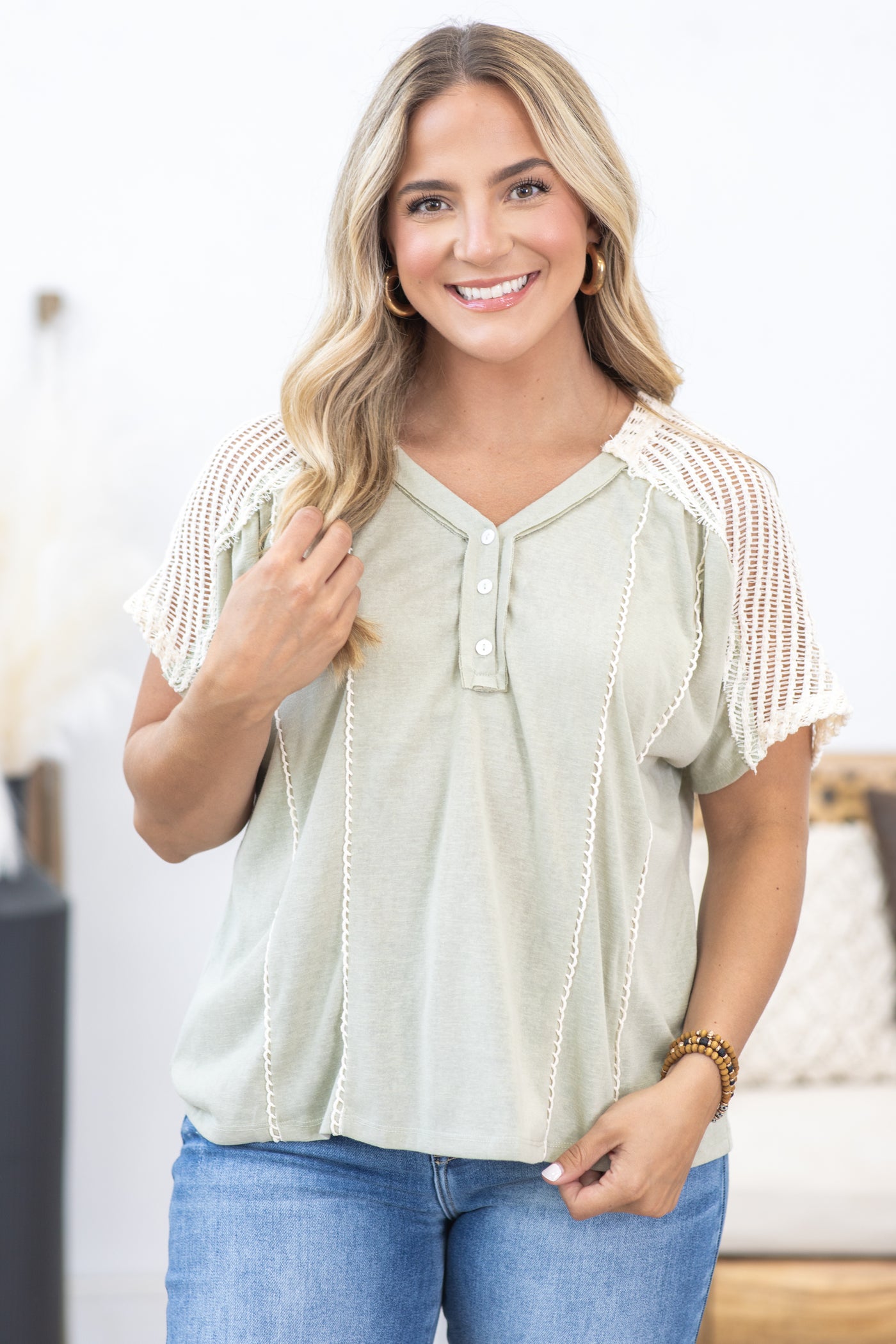 Sage Crochet Sleeve Henley Top