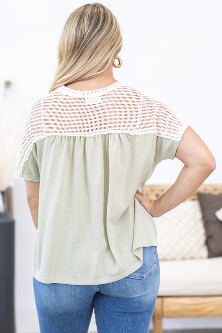 Sage Crochet Sleeve Henley Top