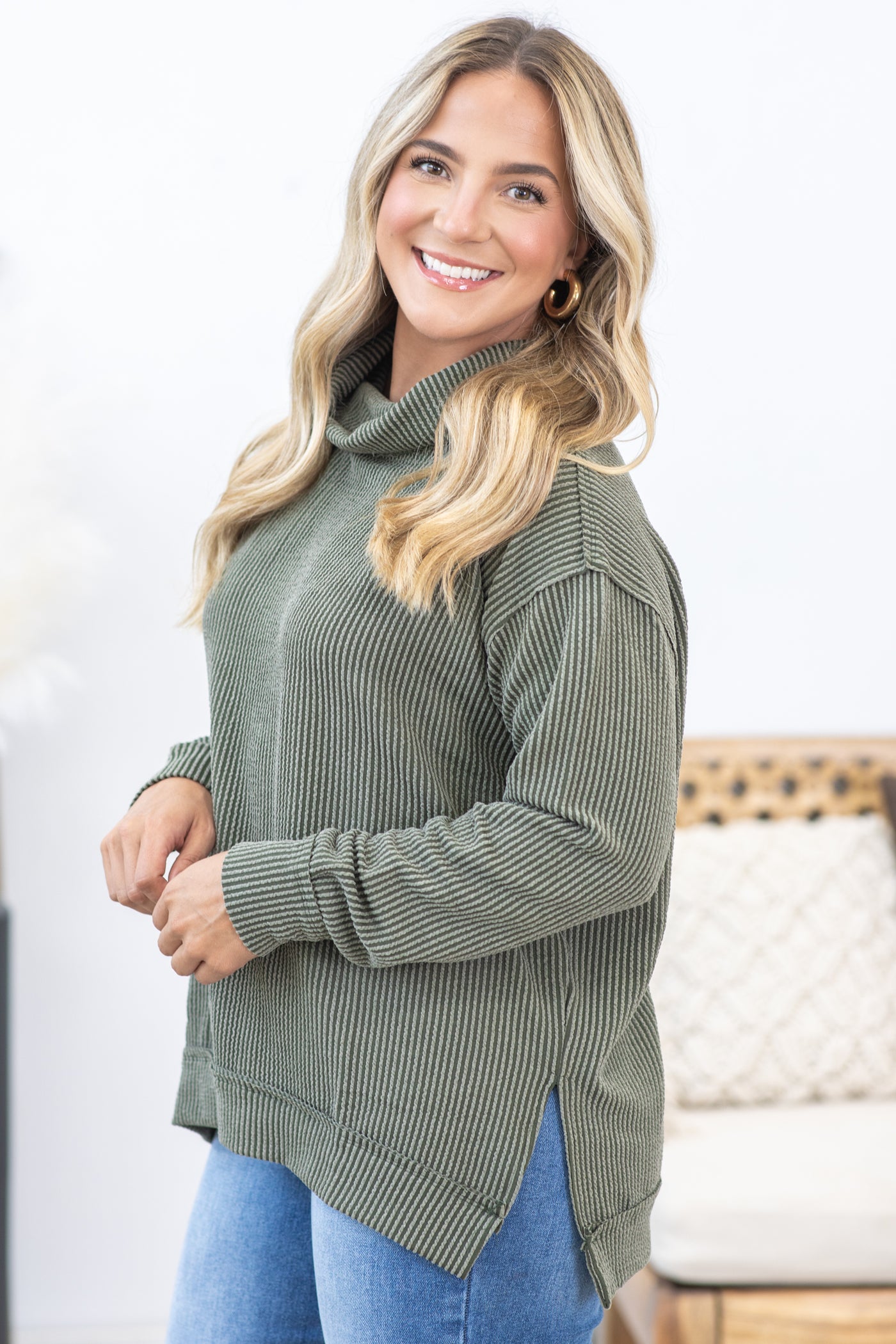 Ribbed Cowl Neck Long Sleeve Knit Top