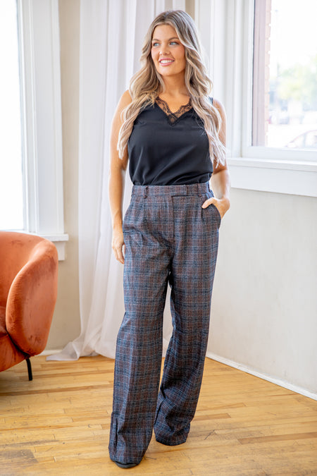 Brown and Navy Plaid Wide Leg Trousers