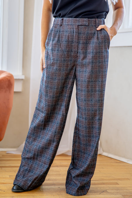 Brown and Navy Plaid Wide Leg Trousers