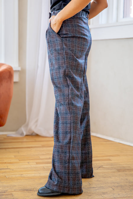 Brown and Navy Plaid Wide Leg Trousers