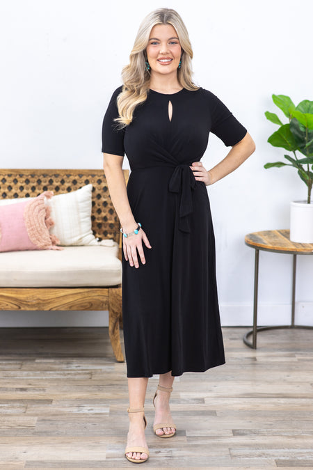 Black Self Tie Short Sleeve Midi Dress