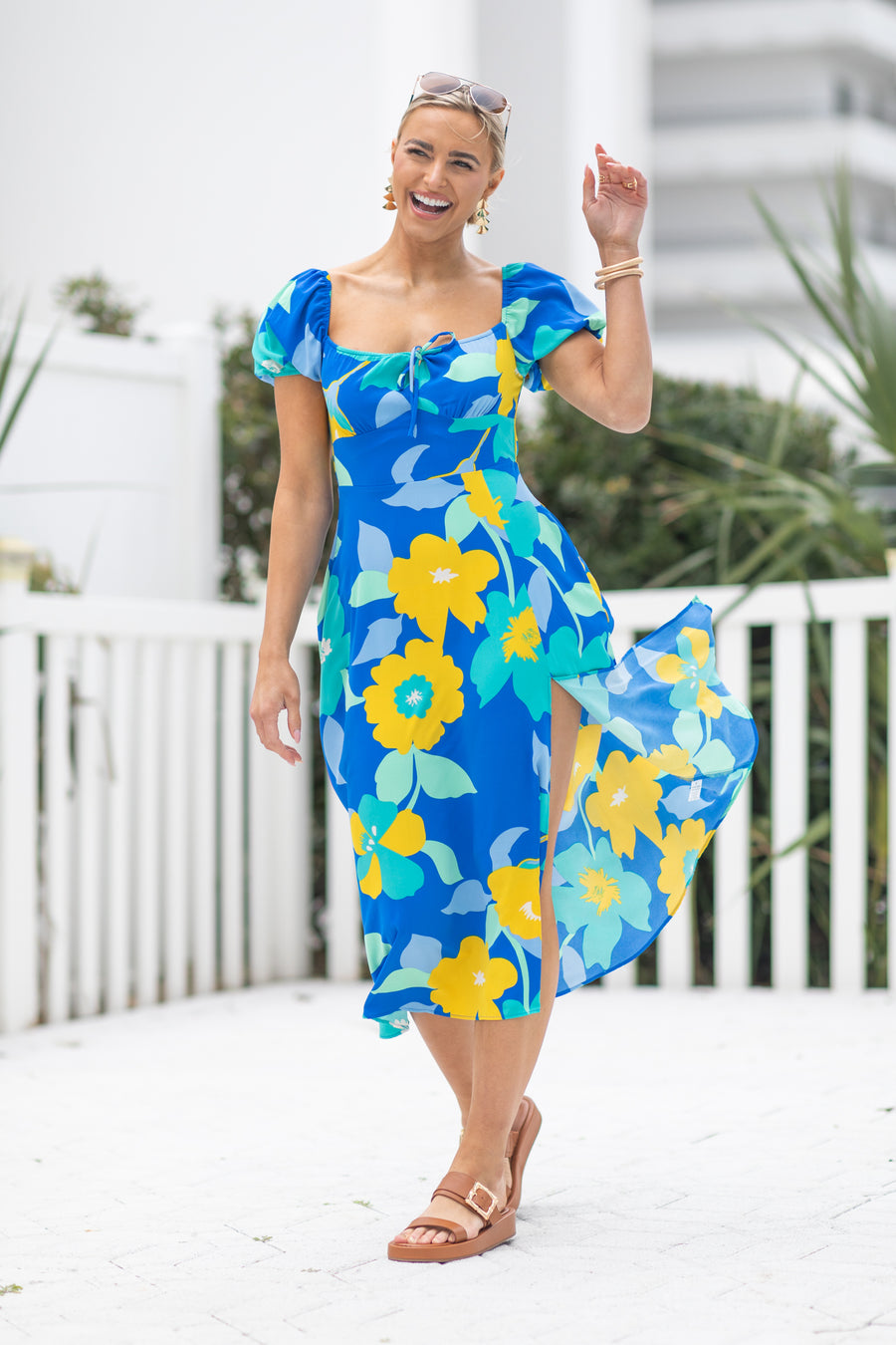 Blue Square Neck Floral Midi Dress With Slit