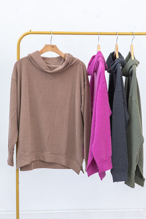 Ribbed Cowl Neck Long Sleeve Knit Top