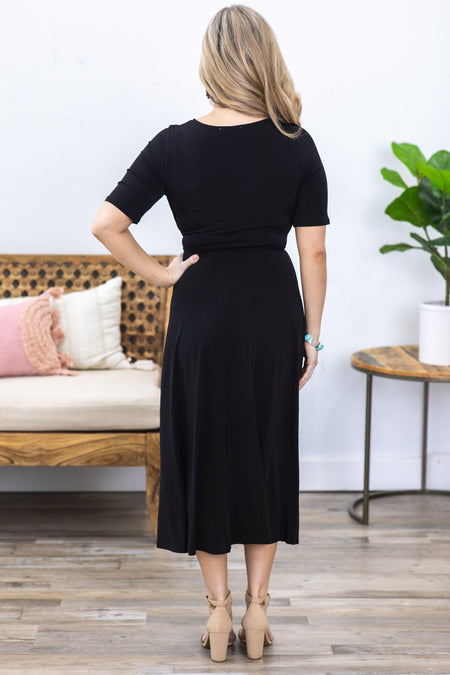 Black Self Tie Short Sleeve Midi Dress