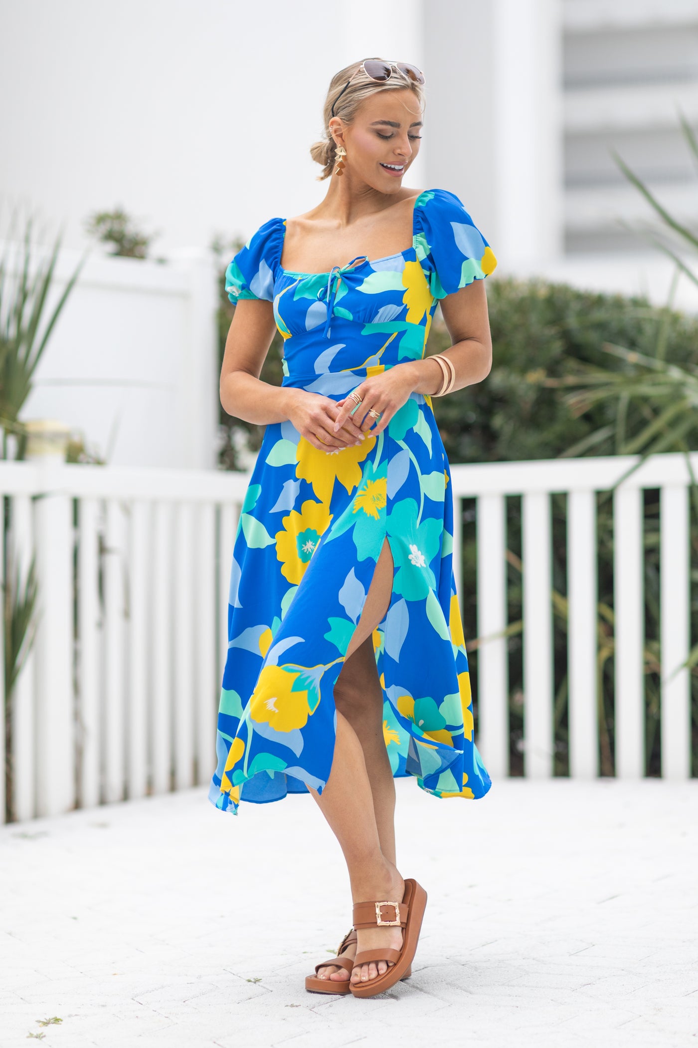 Blue Square Neck Floral Midi Dress With Slit