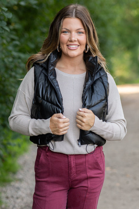 Black Hooded Channel Quilted Puffer Vest - Filly Flair