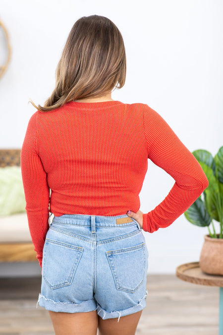 Red Ribbed Long Sleeve Henley Top - Filly Flair