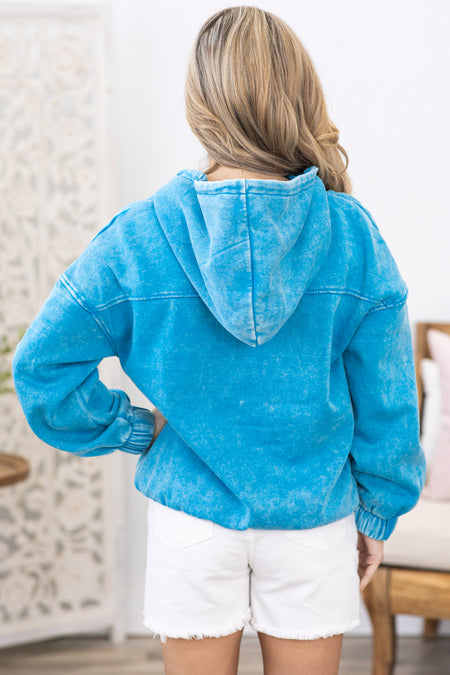 Bright Blue Acid Wash Fleece Hoodie