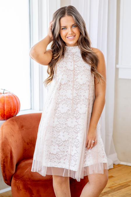 Light Taupe Floral Lace Halter Neck Dress