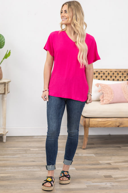 Hot Pink Crinkled V-Neck Short Sleeve Knit Top