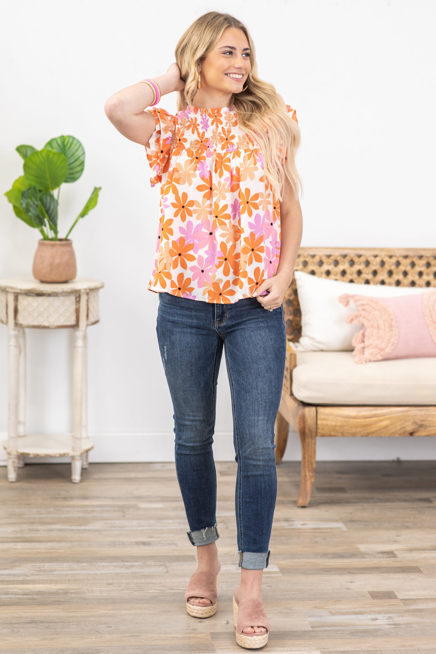 Orange Ruffled Sleeve Smocked Floral Woven Top