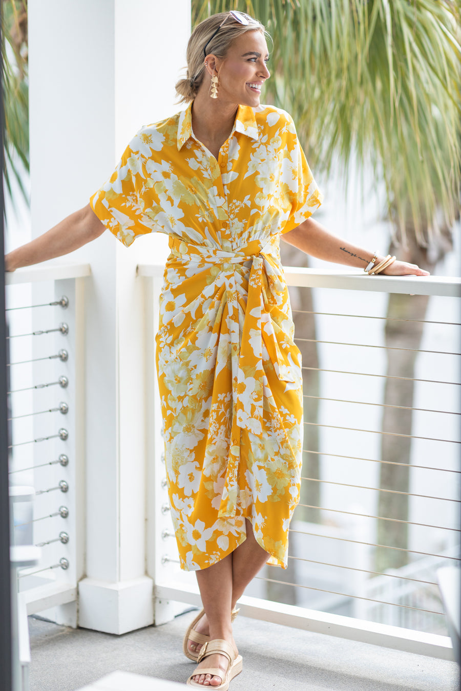 Yellow Floral Tie Waist Collared Midi Dress