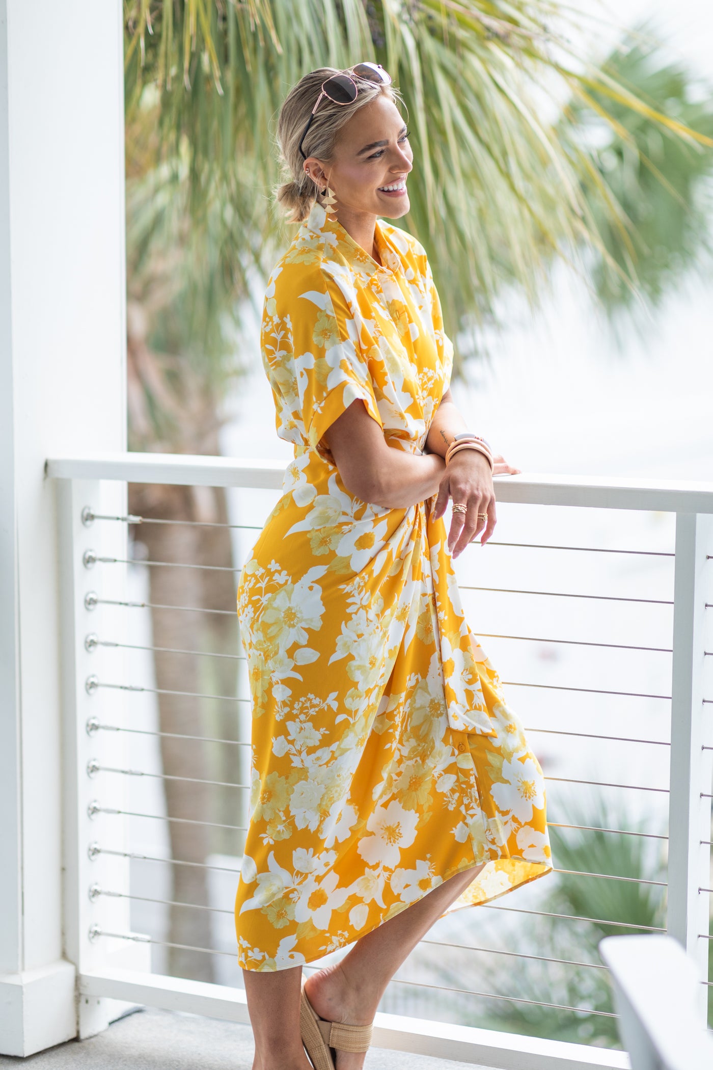 Yellow Floral Tie Waist Collared Midi Dress