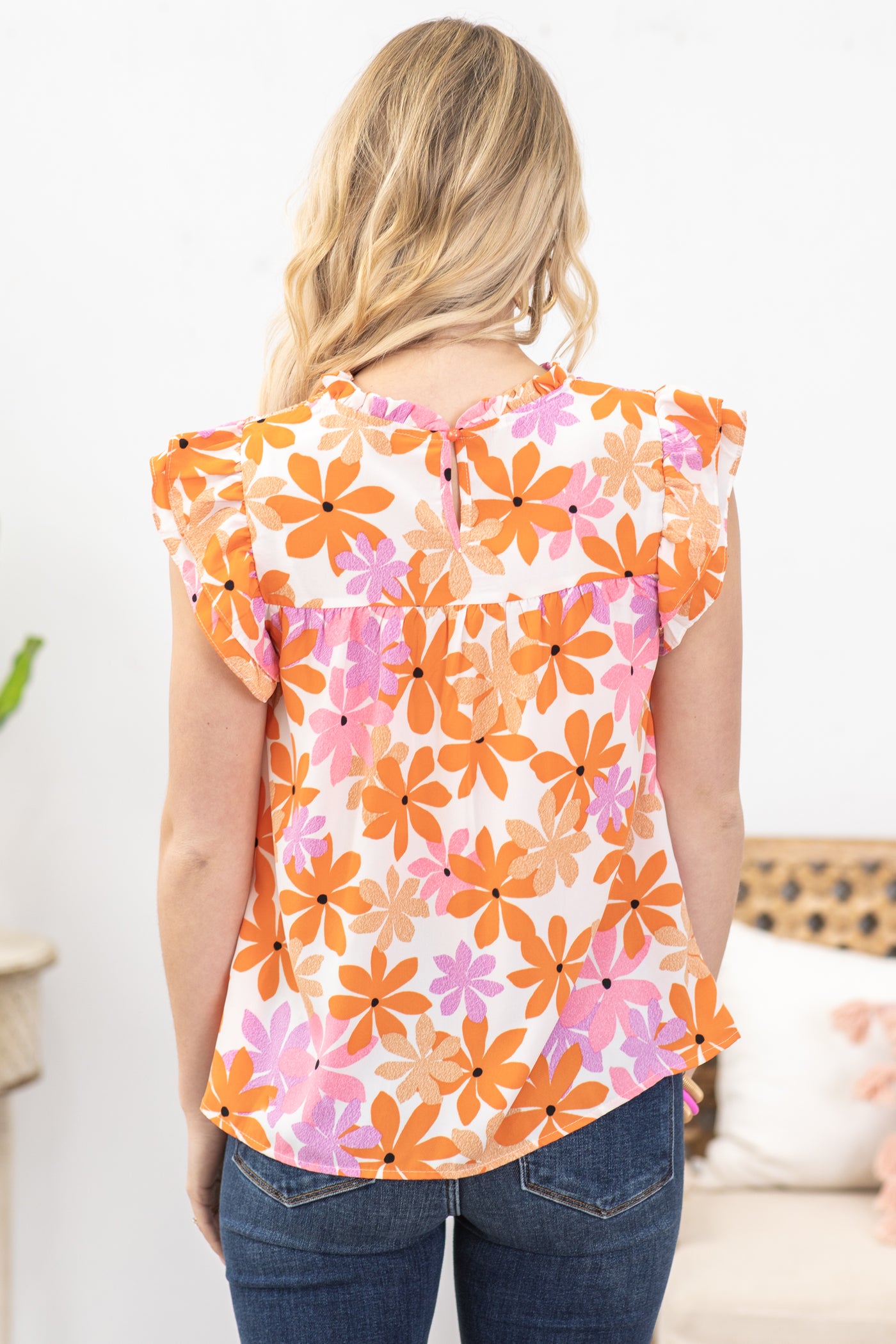 Orange Ruffled Sleeve Smocked Floral Woven Top