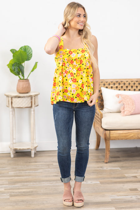 Yellow Floral Square Neckline Woven Top