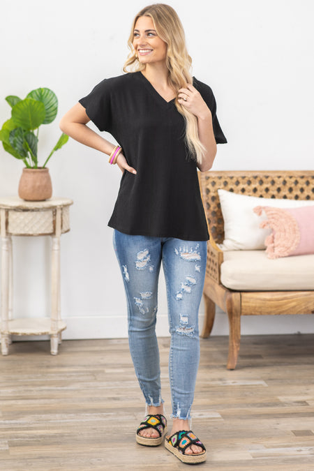 Black Crinkled V-Neck Short Sleeve Knit Top