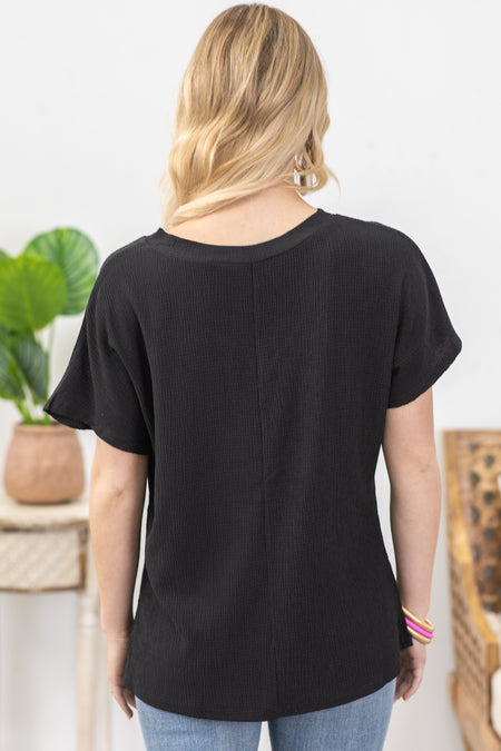 Black Crinkled V-Neck Short Sleeve Knit Top