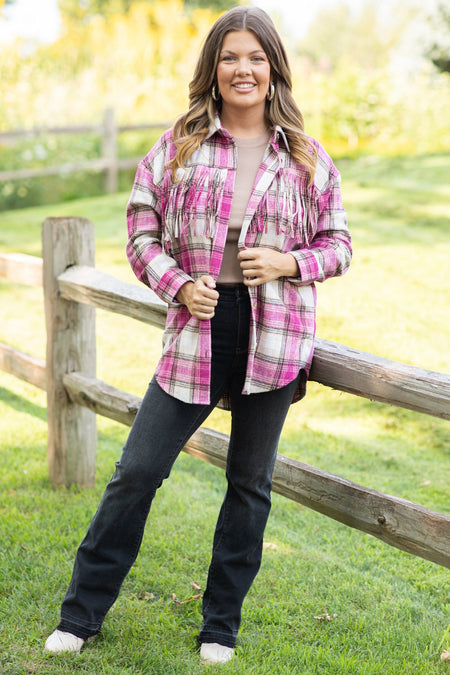 Fuchsia and Ivory Plaid Shacket With Fringe - Filly Flair