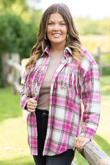 Fuchsia and Ivory Plaid Shacket With Fringe - Filly Flair