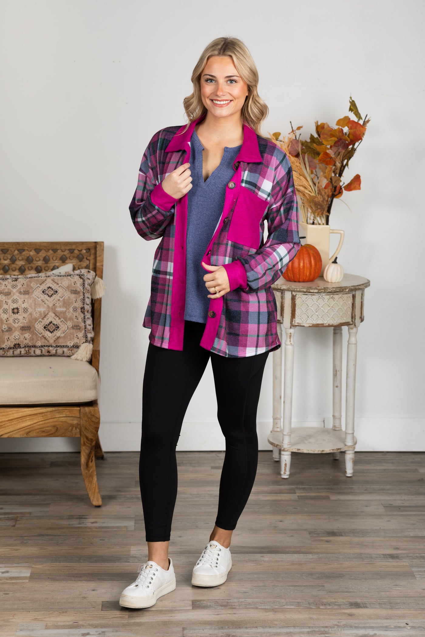 Magenta Plaid Button Down Shacket