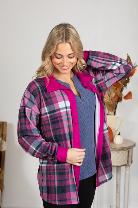 Magenta Plaid Button Down Shacket