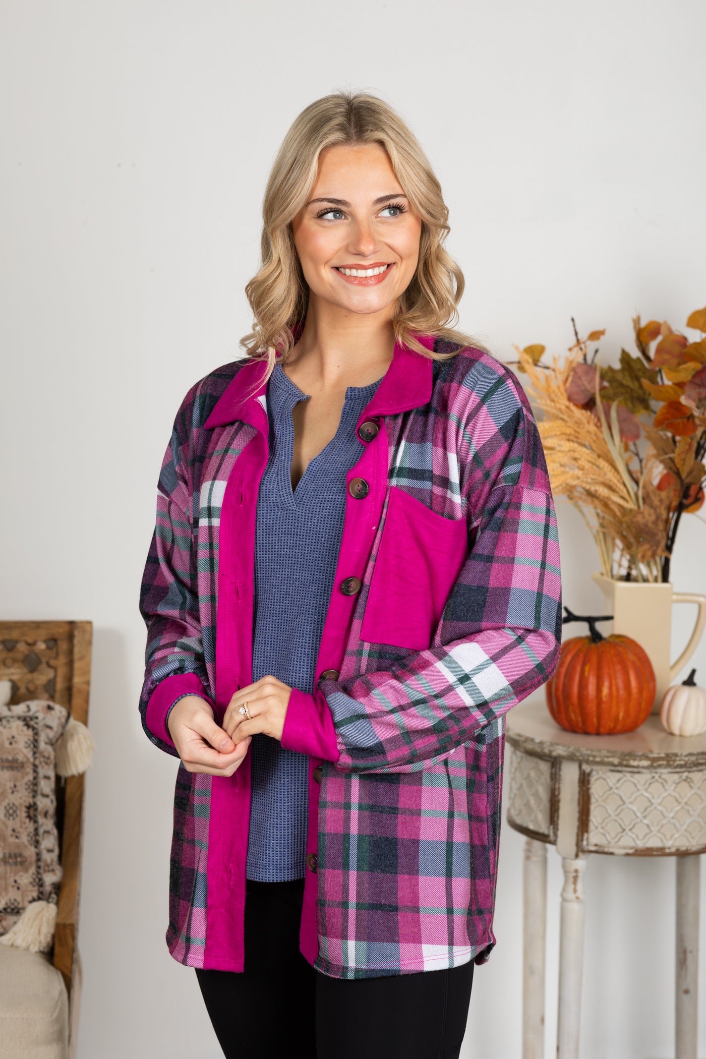 Magenta Plaid Button Down Shacket