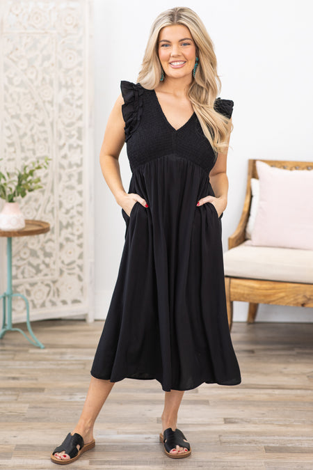 Black Smocked V-Neck Midi Dress