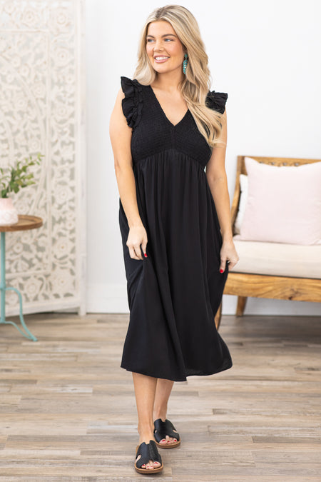 Black Smocked V-Neck Midi Dress