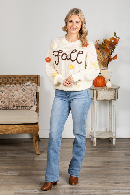 Cream Fall Yarn Stitching Flower Sweater