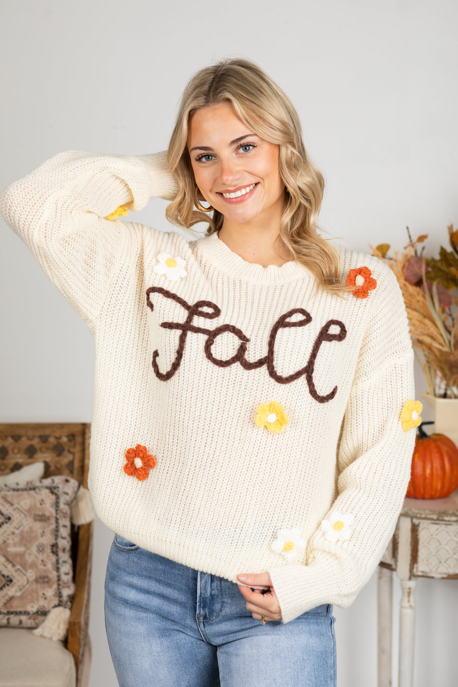 Cream Fall Yarn Stitching Flower Sweater