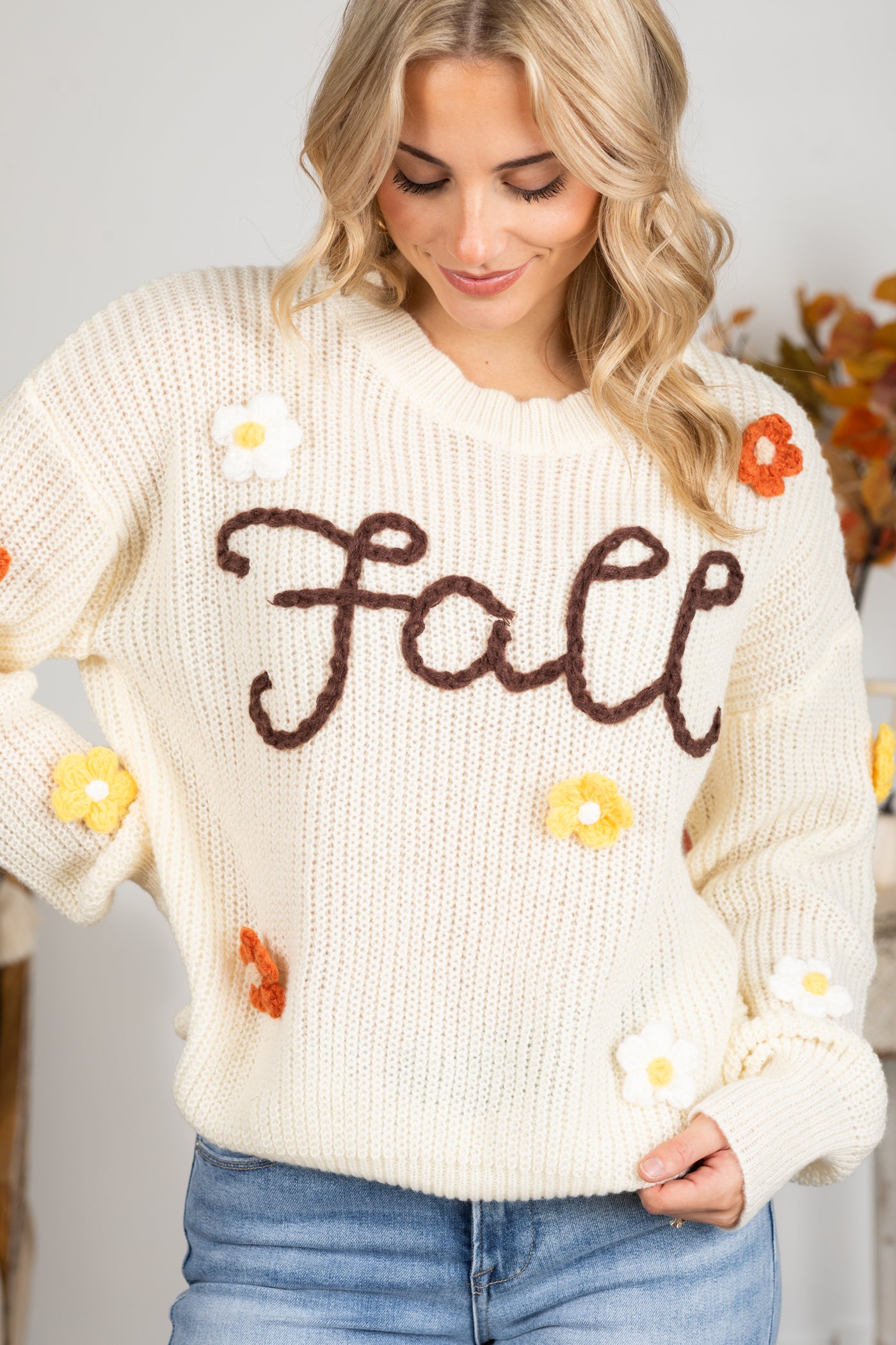 Cream Fall Yarn Stitching Flower Sweater