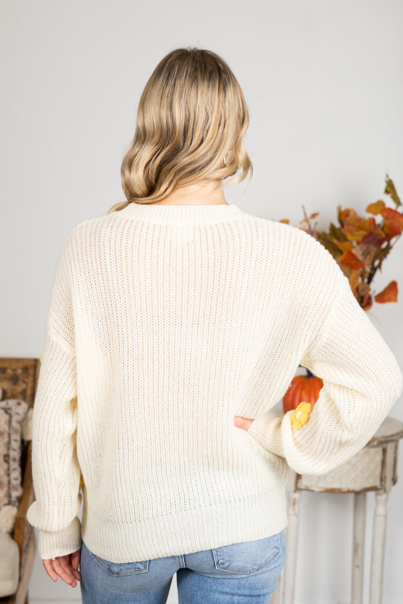 Cream Fall Yarn Stitching Flower Sweater