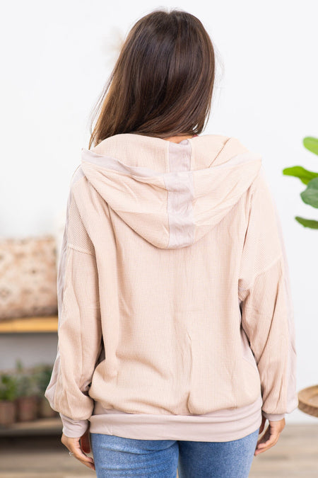 Tan Thermal Waffle Knit Hooded Sweatshirt - Filly Flair