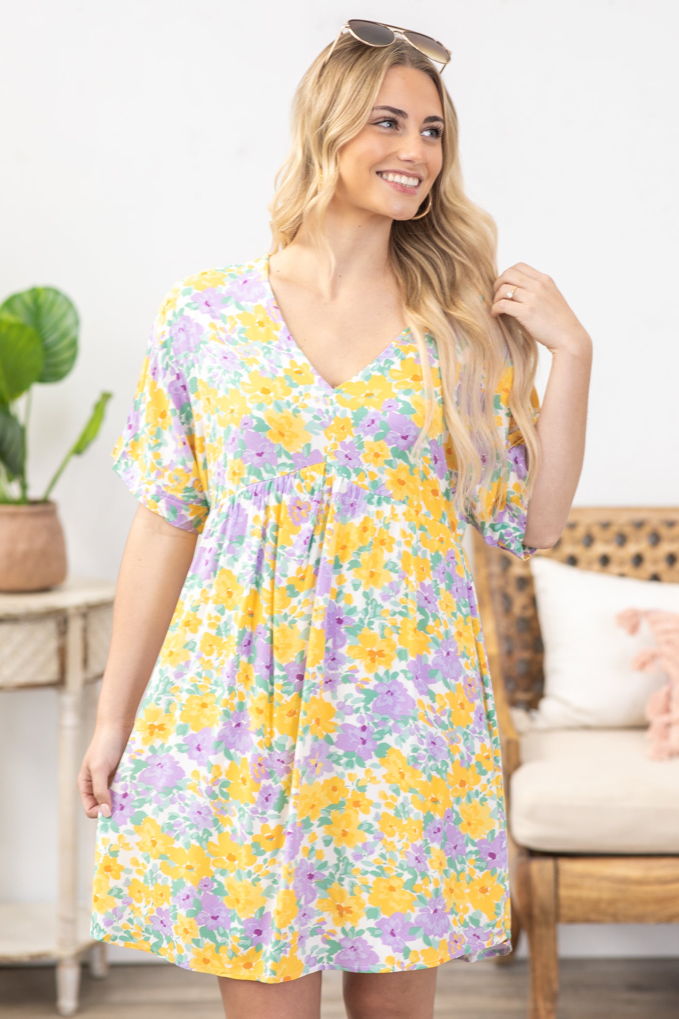 Lavender And Yellow Floral V-Neck Dress