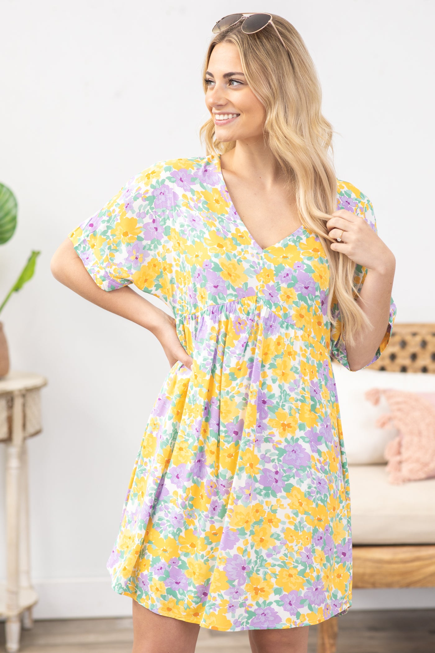 Lavender And Yellow Floral V-Neck Dress